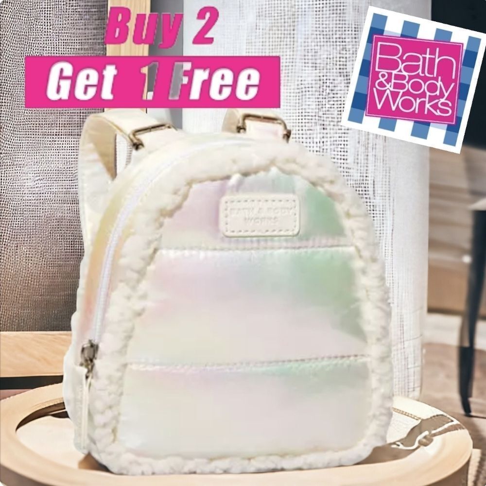 Bath & Body Works Pearlescent Sherpa Trim Micro Backpack/ Cosmetics Bag